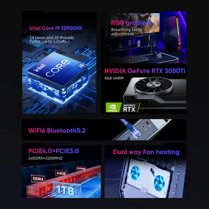 13th Gen Gaming PC Mini: Intel i9 13900H/i7 13700H, RTX 4060/3050 8GB, WiFi 6, RGB, Barebone Desktop